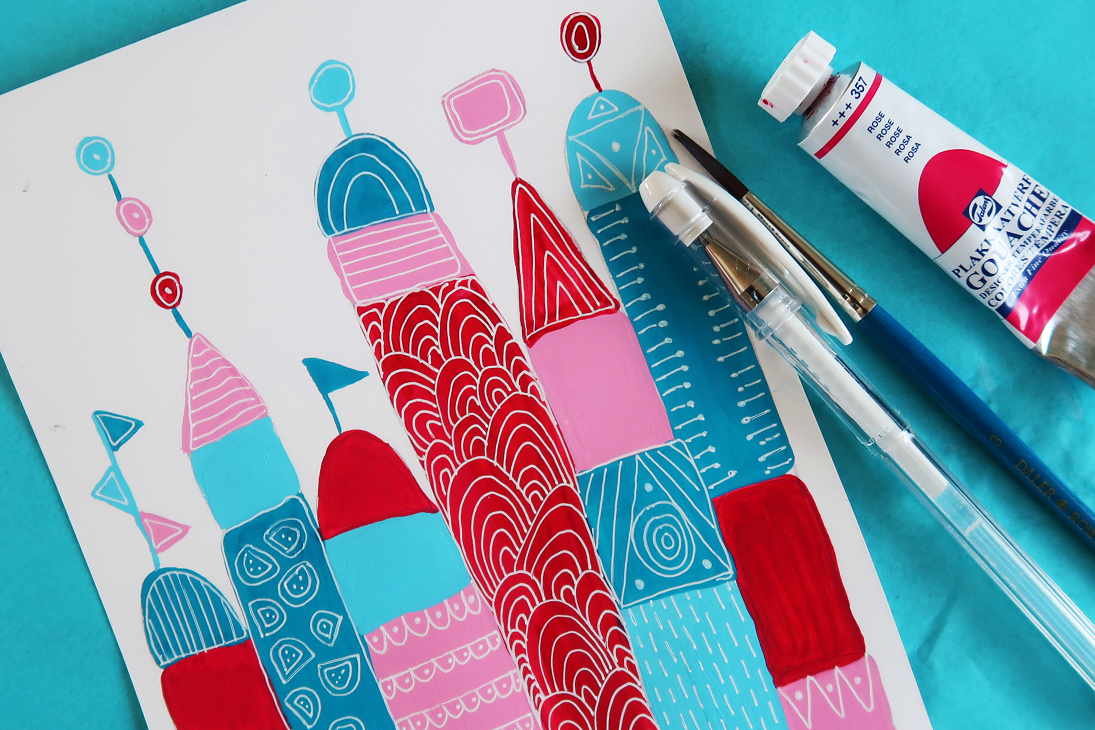 Painting of a castle with gouache and white gel pen