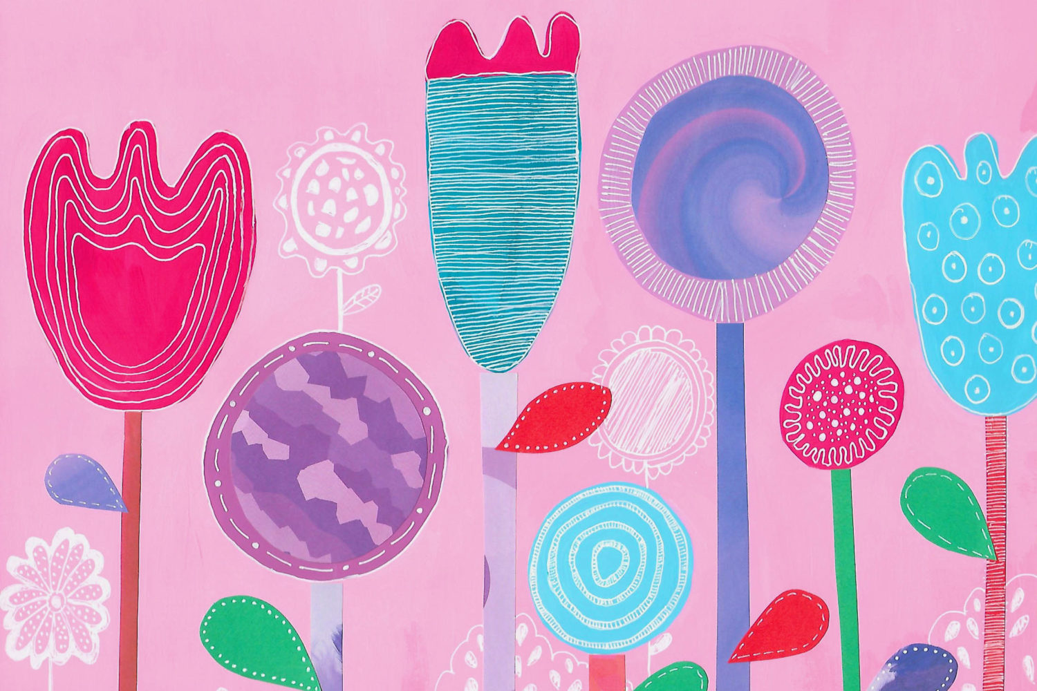 Collage of flowers made with gouache, colored paper and gel pen