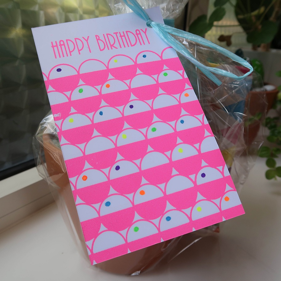 Screenprint of happy irthday card in pink