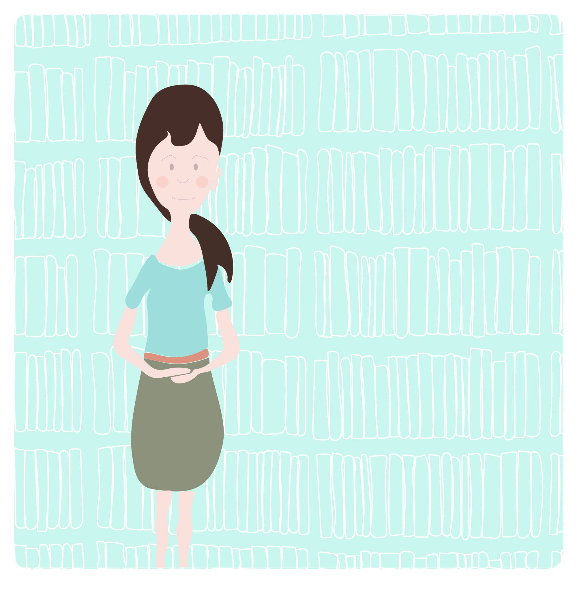 Illustration of Lonneke in front of a book case