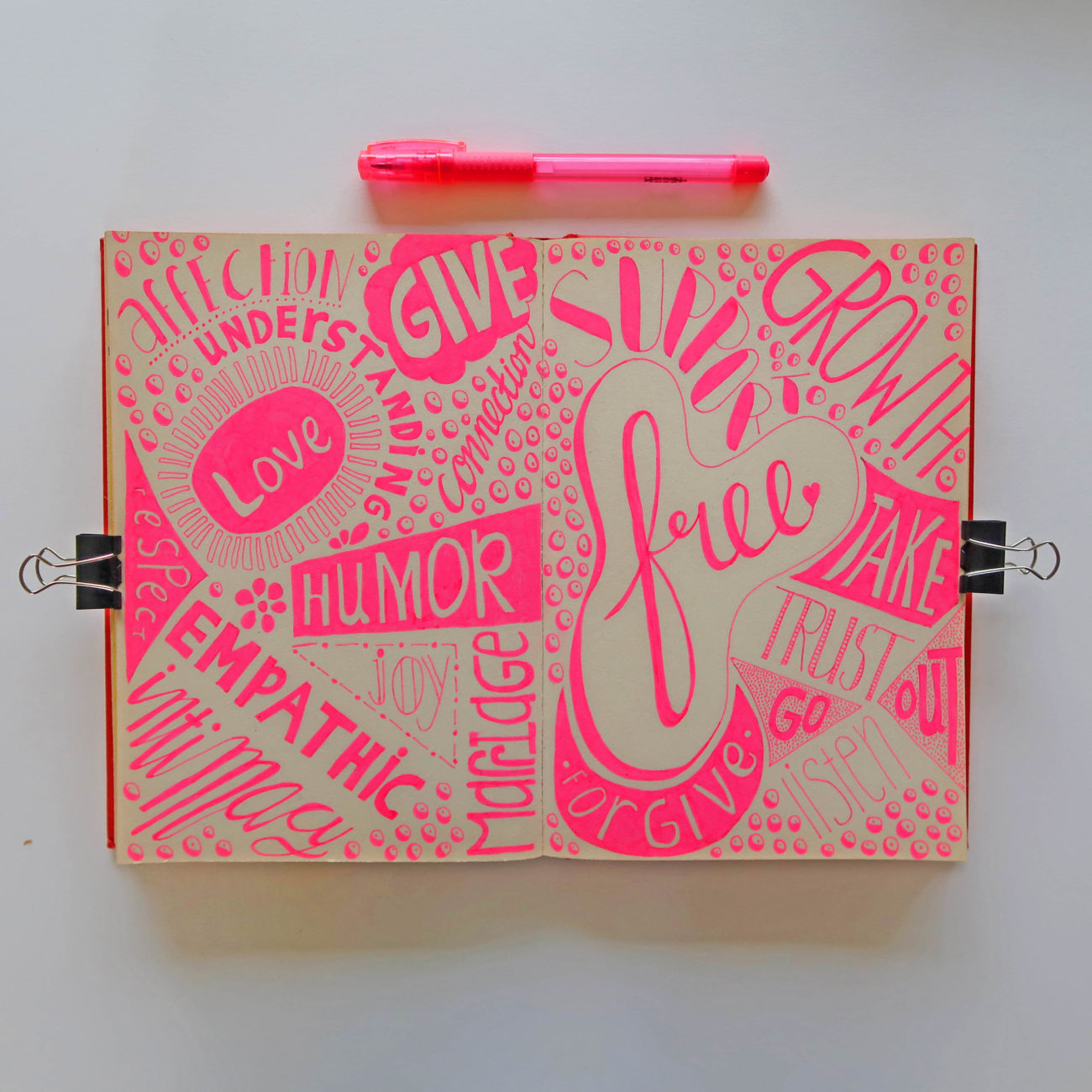 Handlettering doodling of words related to the word relation