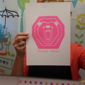 Screen print illustration Bossy Bear in pink